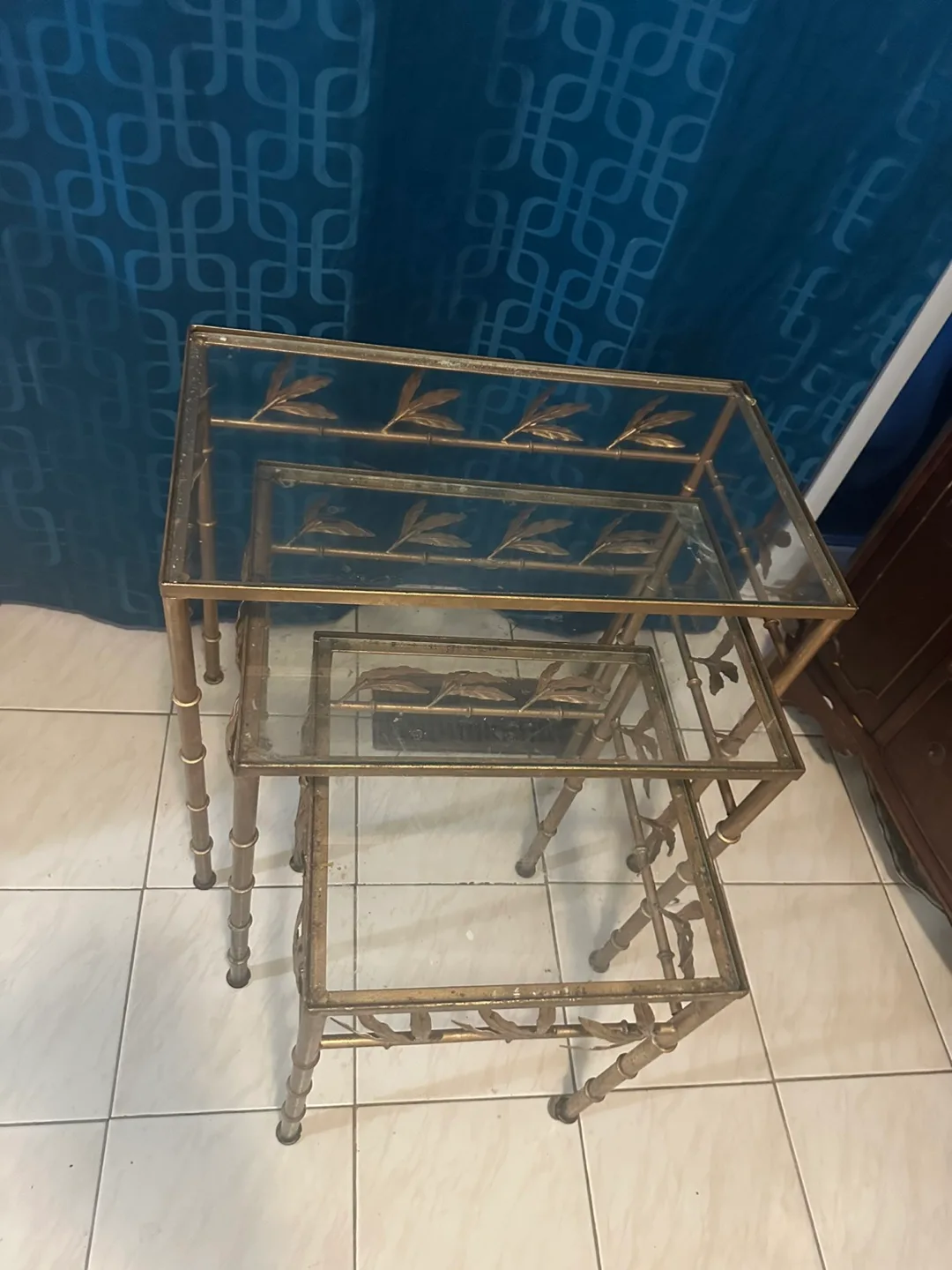 Vintage Gold Metal & Glass Nesting Tables image indicator(4)