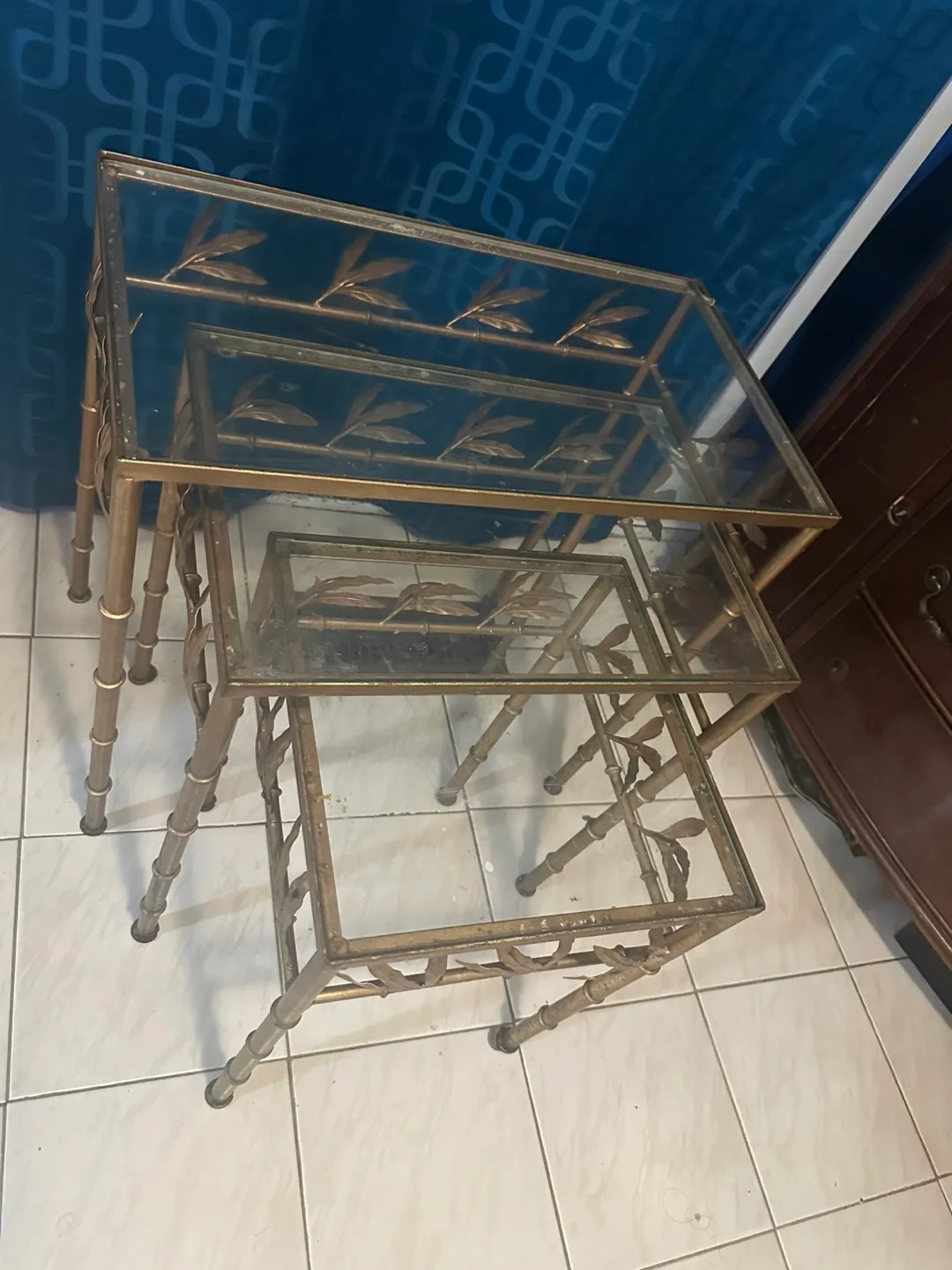 Vintage Gold Metal & Glass Nesting Tables image indicator(2)