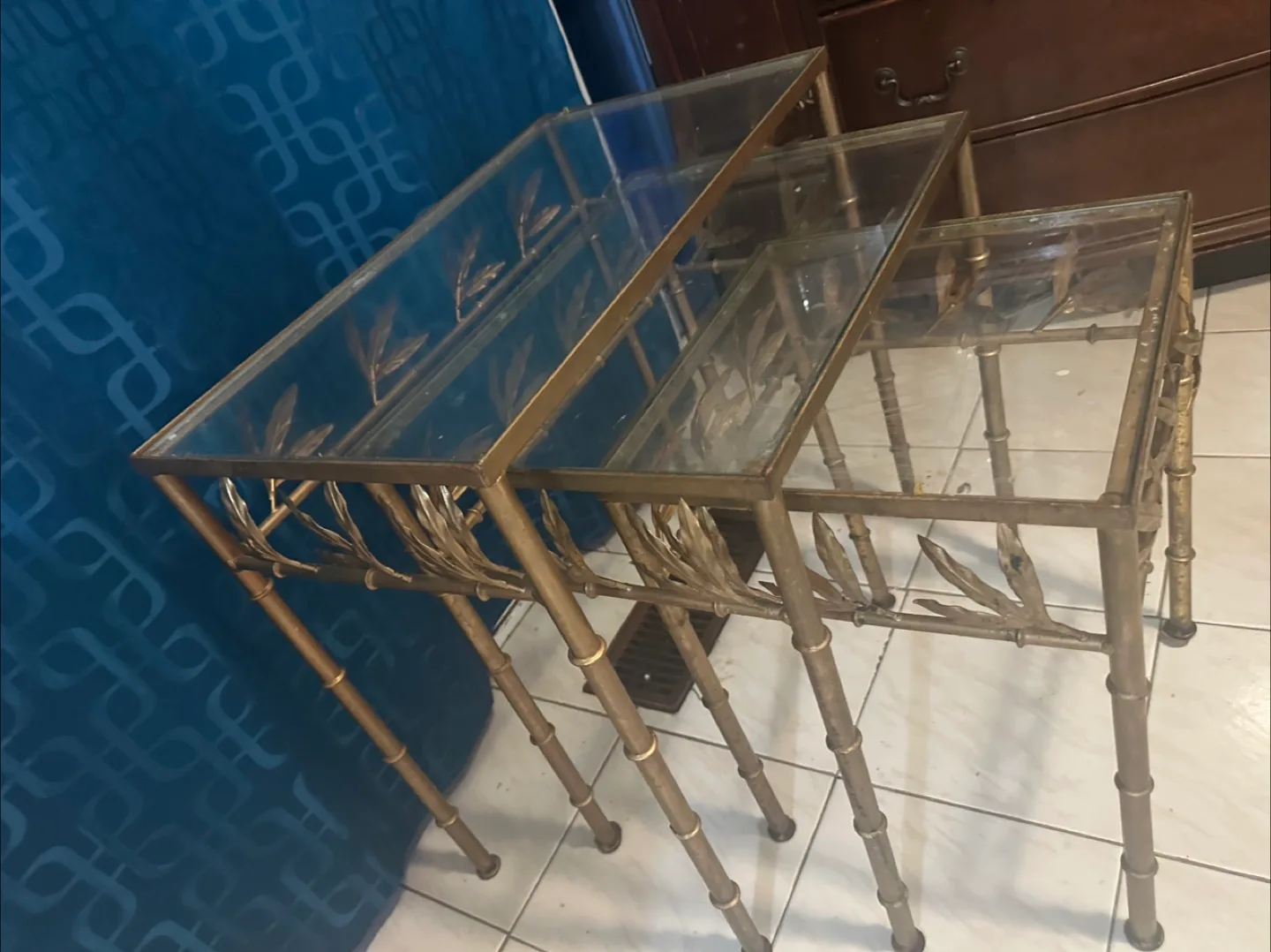 Vintage Gold Metal & Glass Nesting Tables image indicator(3)