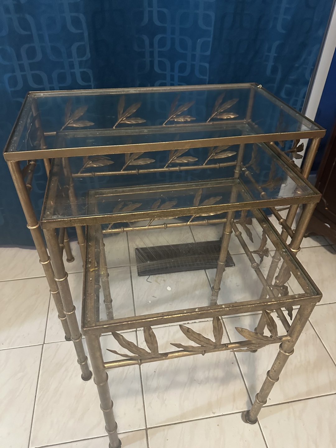 Vintage Gold Metal & Glass Nesting Tables