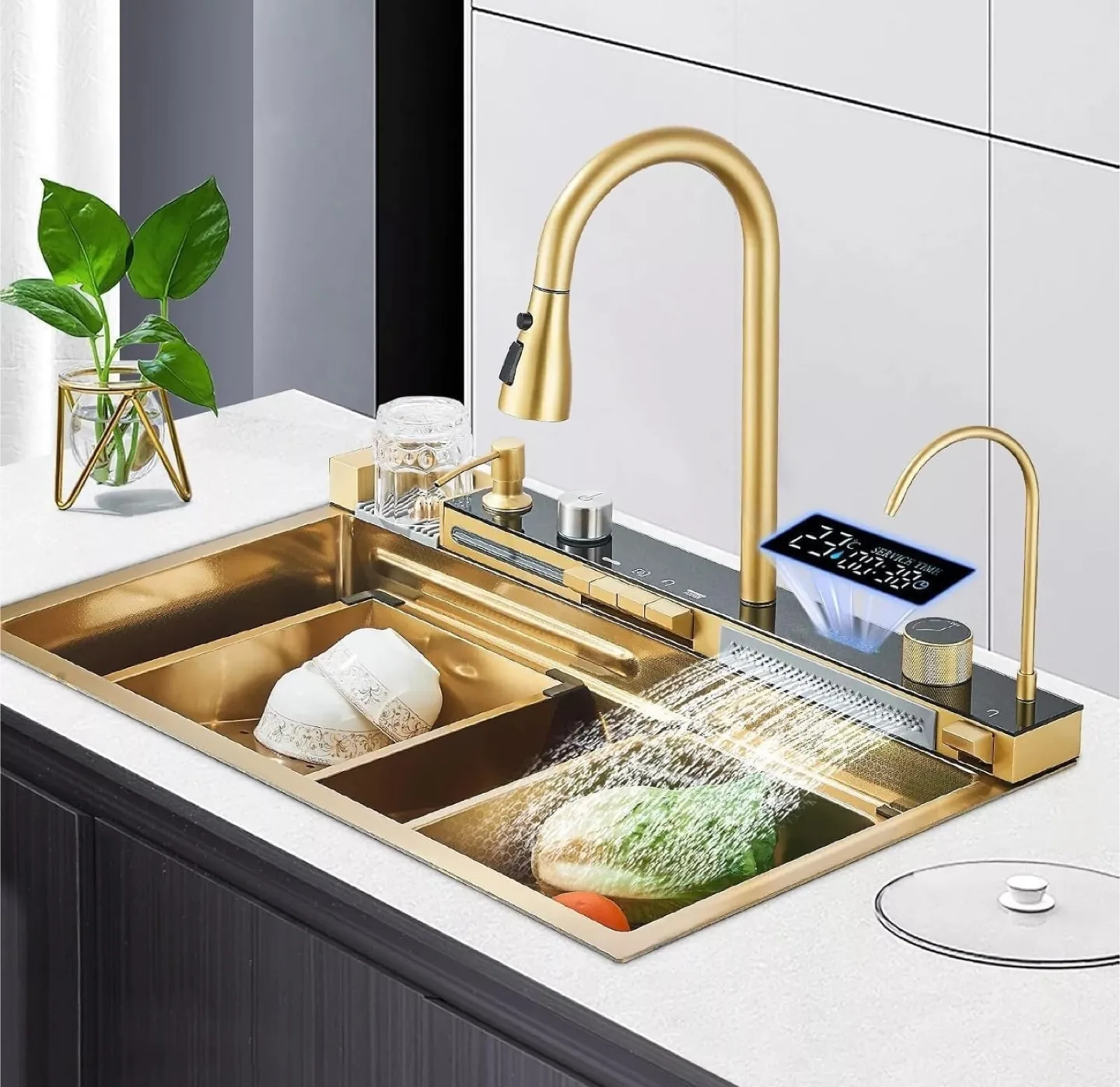 Double Waterfall Sink with LED Display, Cup Washer, Soap Dispens thumbnail