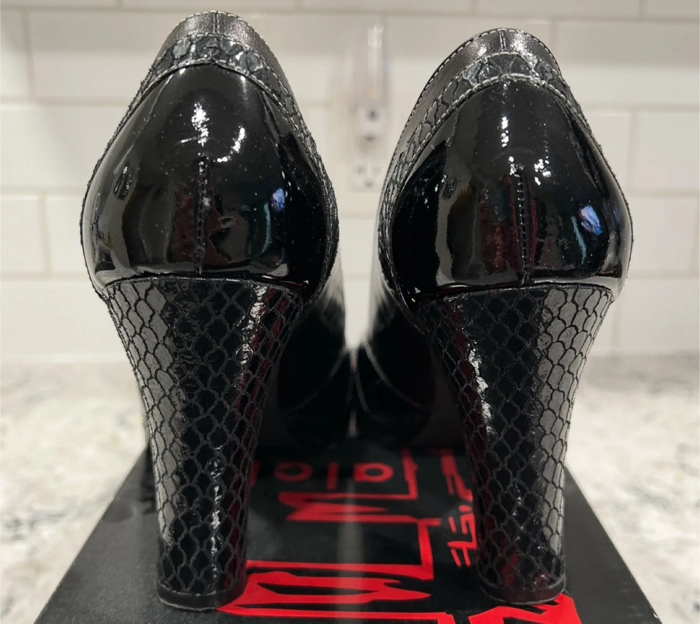 Falchi by Carlos Falchi Black Leather Peep Toed Heels image indicator(3)