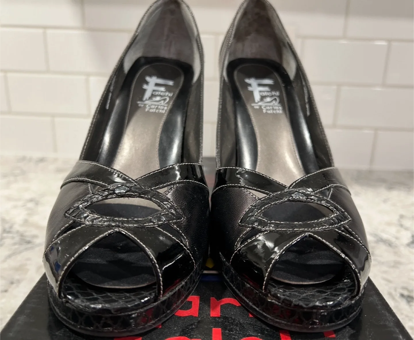 Falchi by Carlos Falchi Black Leather Peep Toed Heels image indicator(2)