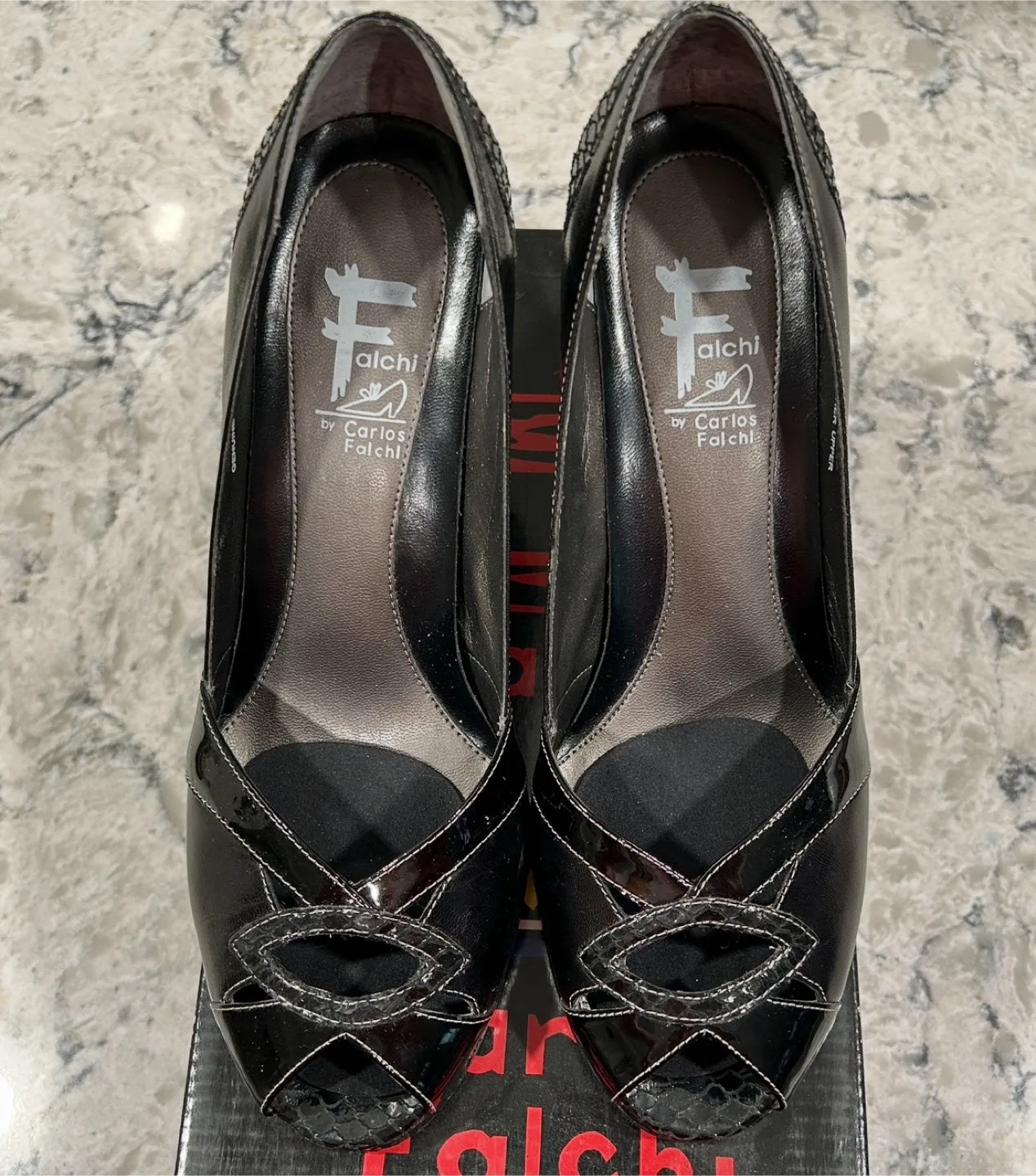 Falchi by Carlos Falchi Black Leather Peep Toed Heels image indicator(4)