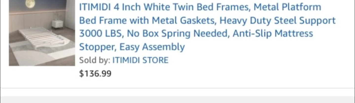 ITIMIDI 4 Inch White Twin Bed Frame Brand new thumbnail