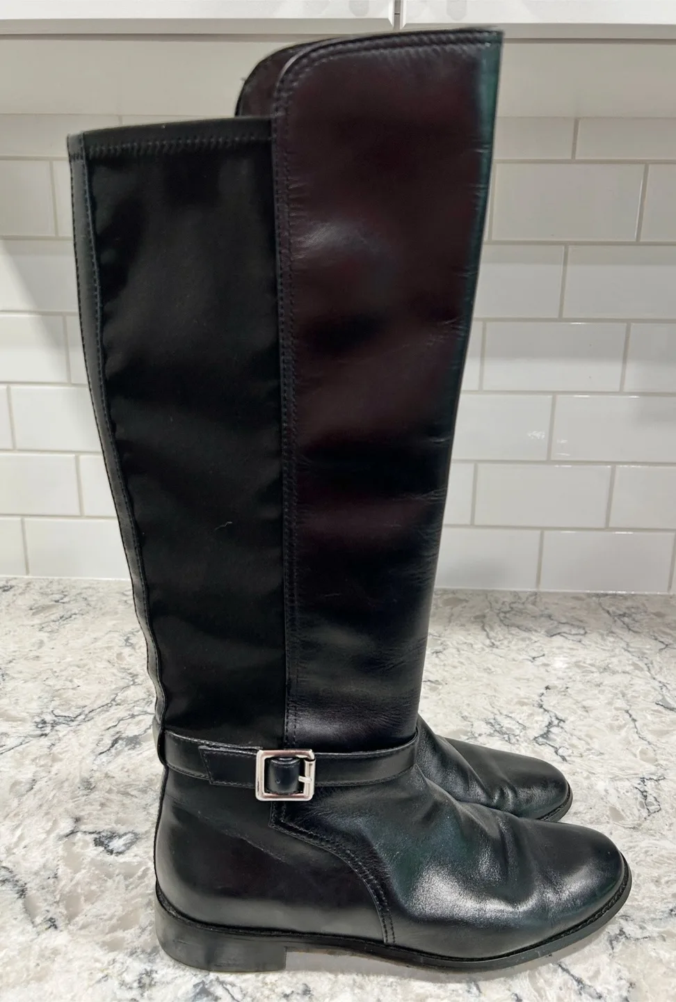 Anne Klein Tall Rise Riding Style Zip Up Black Leather Boots image indicator(2)