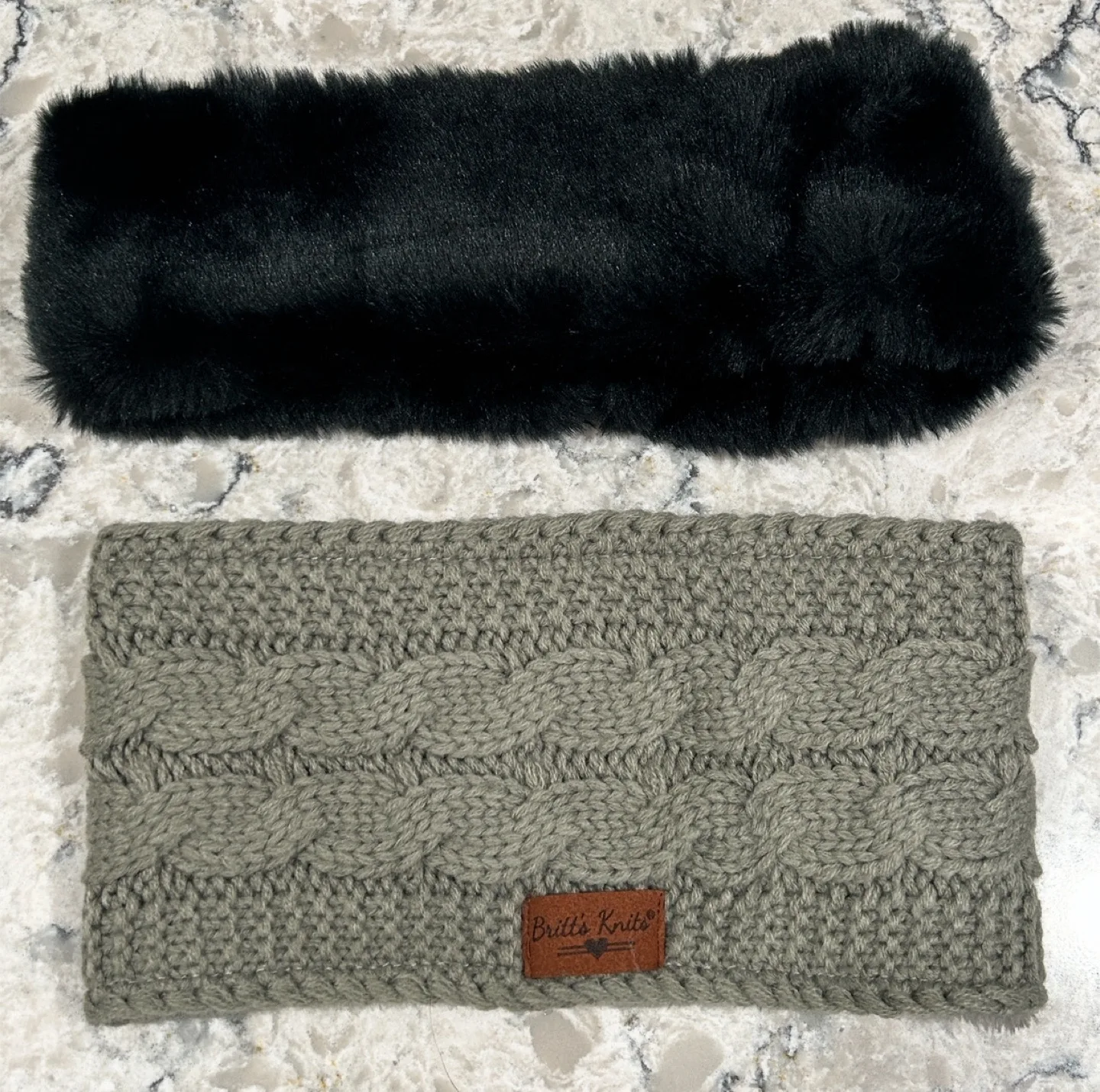 Two Cozy Headbands: Black Faux Fur & Grey Cable Knit thumbnail