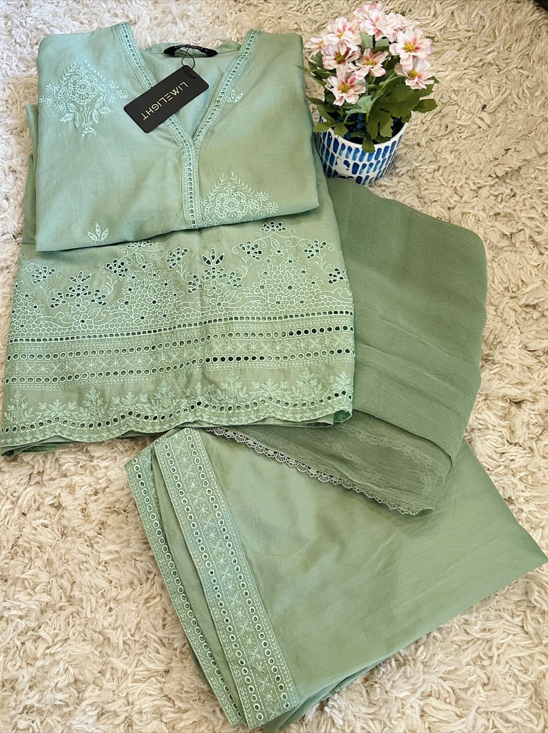 LimeLight Green Embroidered 3-Piece Suit