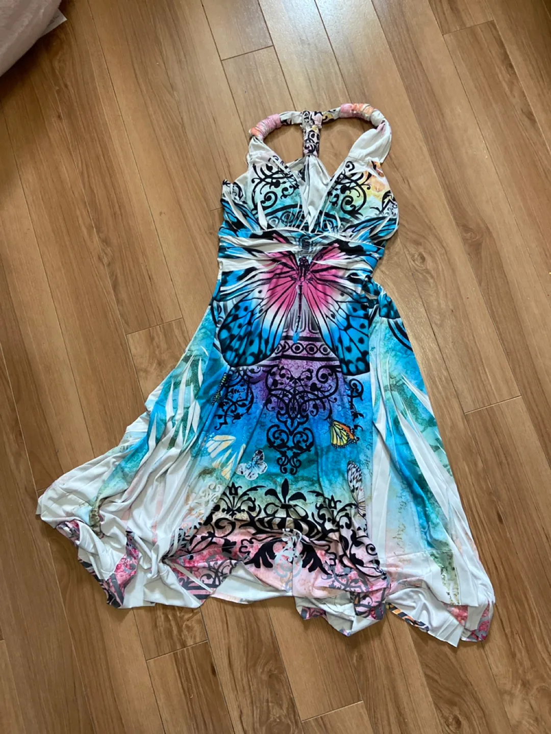Butterfly Print Halter Dress - Size Small- Medium thumbnail