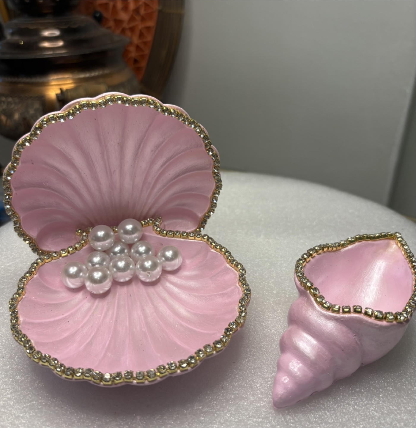 handmade pink seashell trinket set |jewelry holder coastal decor