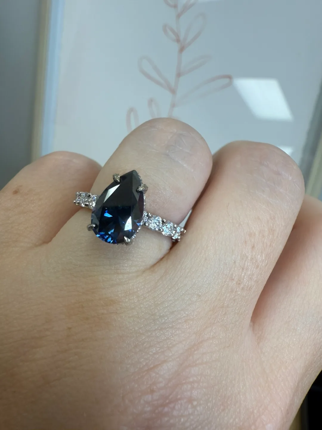 Blue moissanite Pear Cut Sterling Silver Ring image indicator(3)