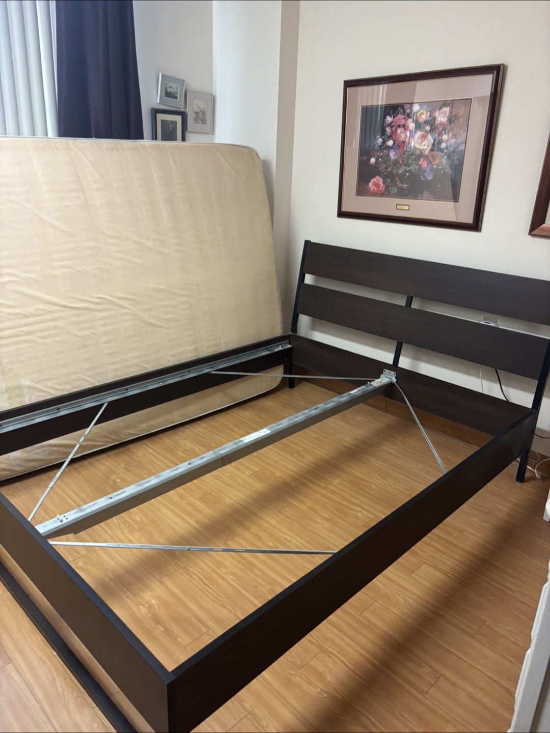Queen mattress, frame and bedding