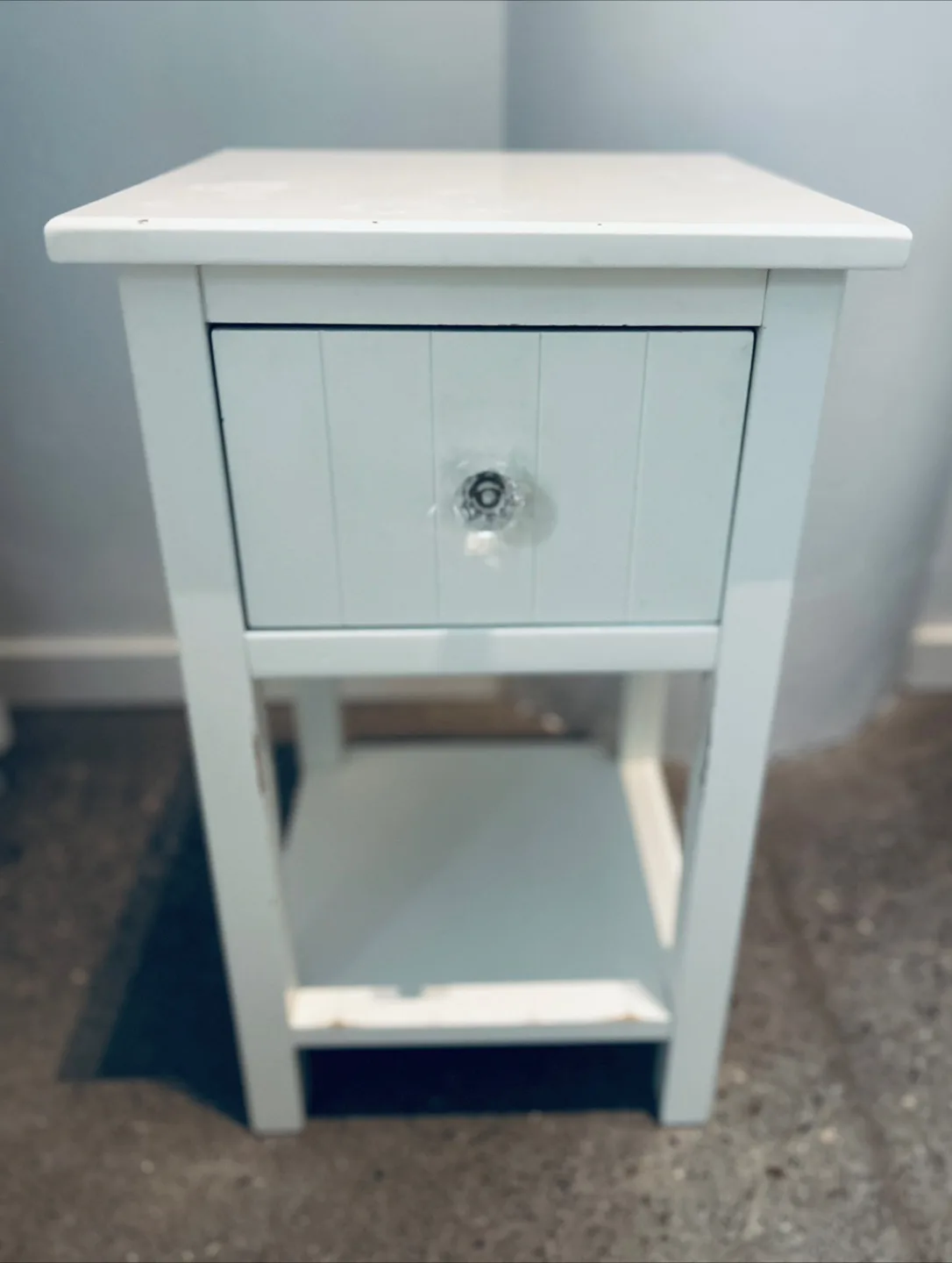 White Wooden Pottery Barn Catalina Bedside Table with Drawer thumbnail