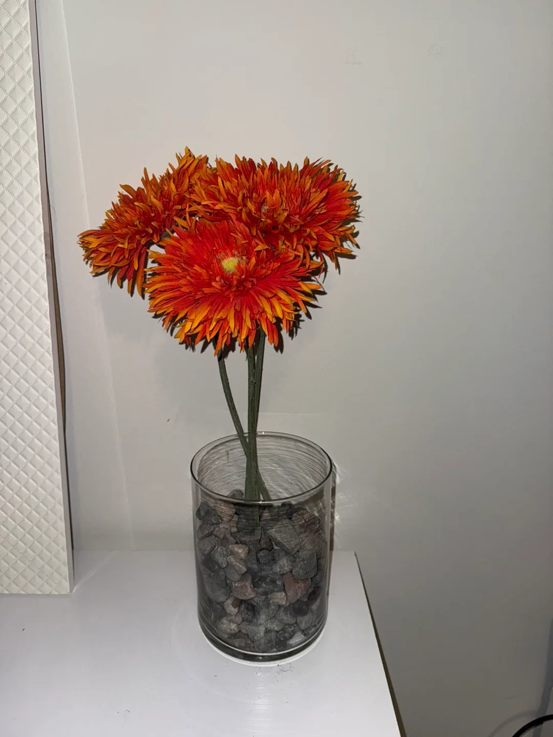 Orange Artificial Flowers in Glass Vase thumbnail