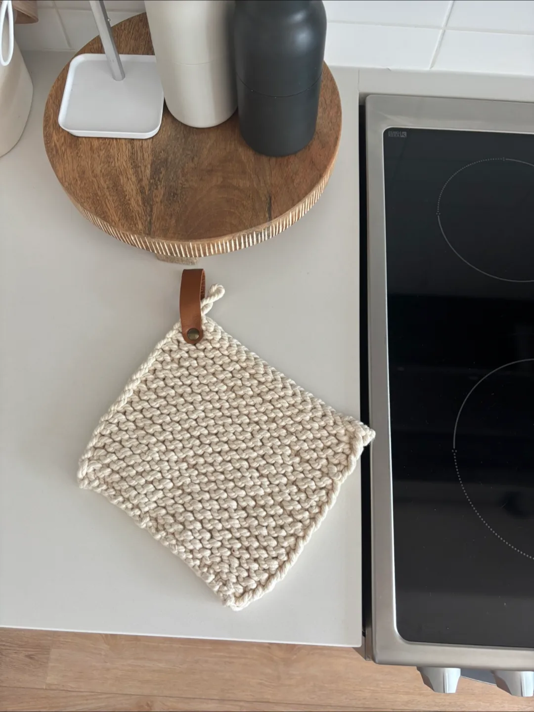 New Knitted Pot Holder & Trivet with leather loop thumbnail