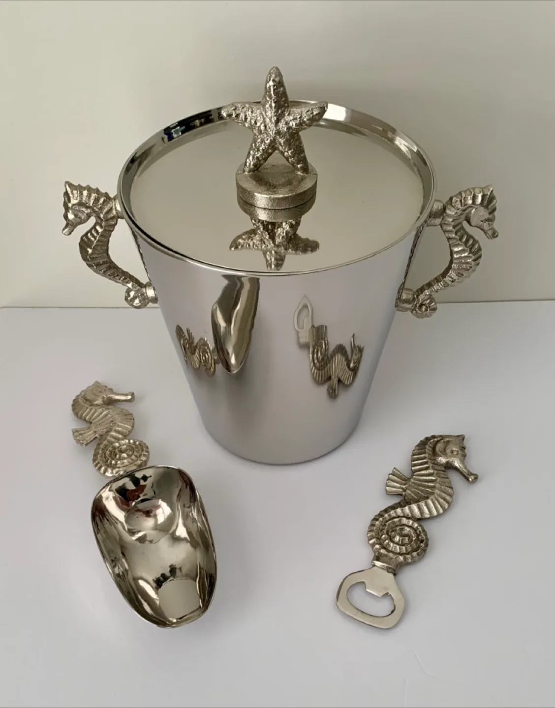 Stainless Steel Seahorse Ice Bucket, Scoop and Opener