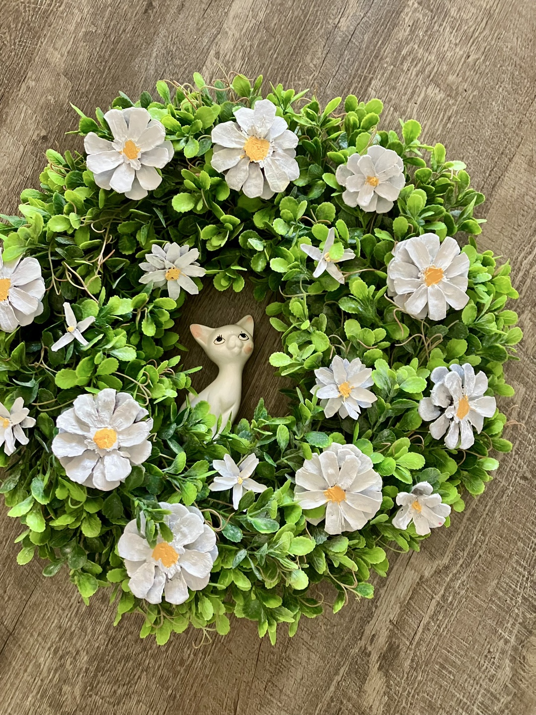 Floral Wreath with Vintage Cat Figurine