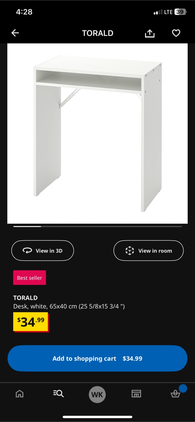 IKEA Torald Desk - White, 65x40 cm