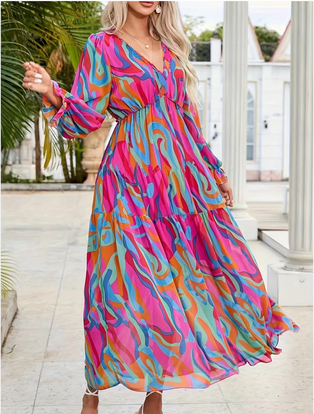 Brand new Ruffled Layer Long Sleeve Floral V Neck Maxi Dress-L thumbnail
