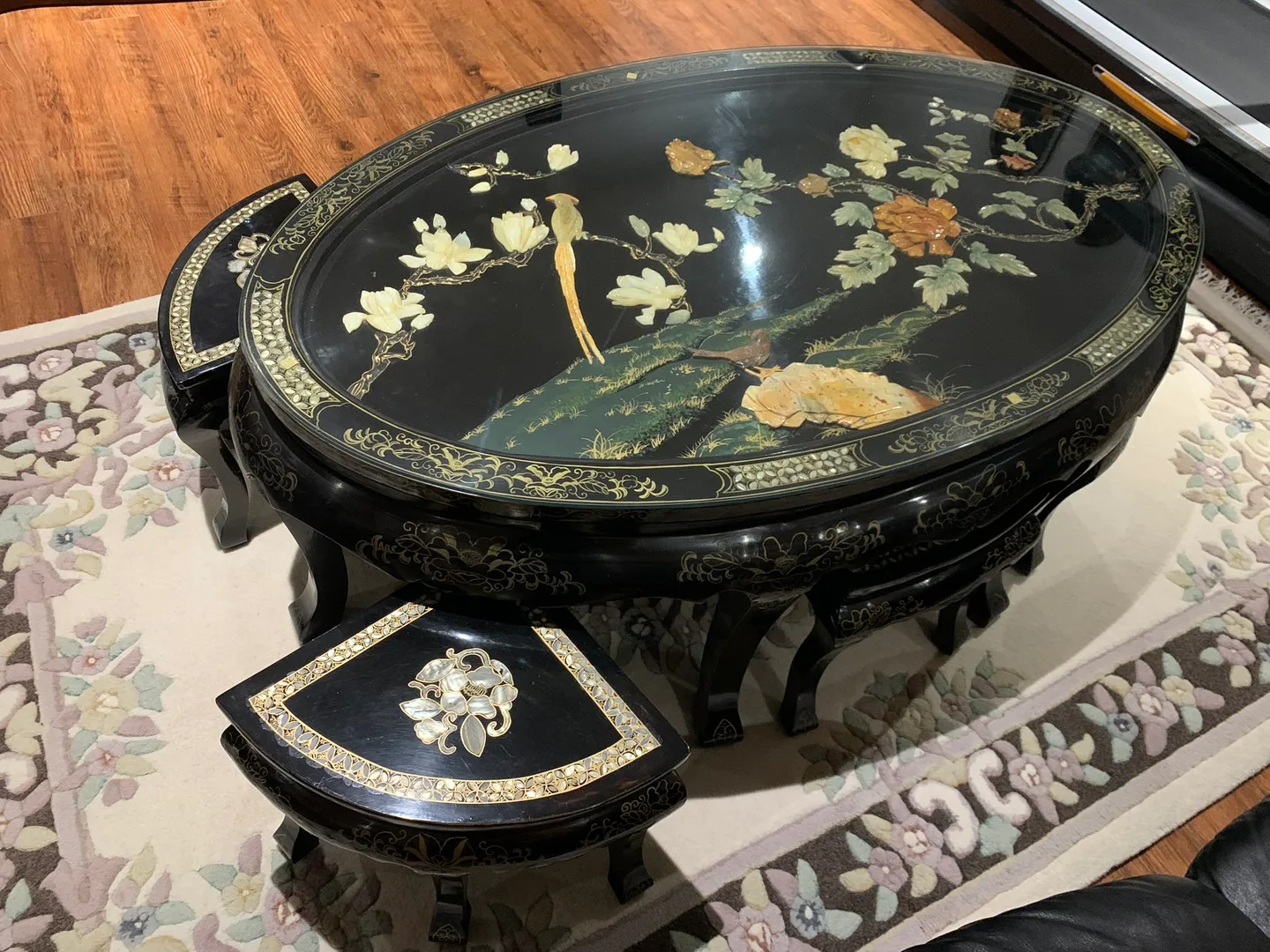Black Lacquer Coffee Table with Stools