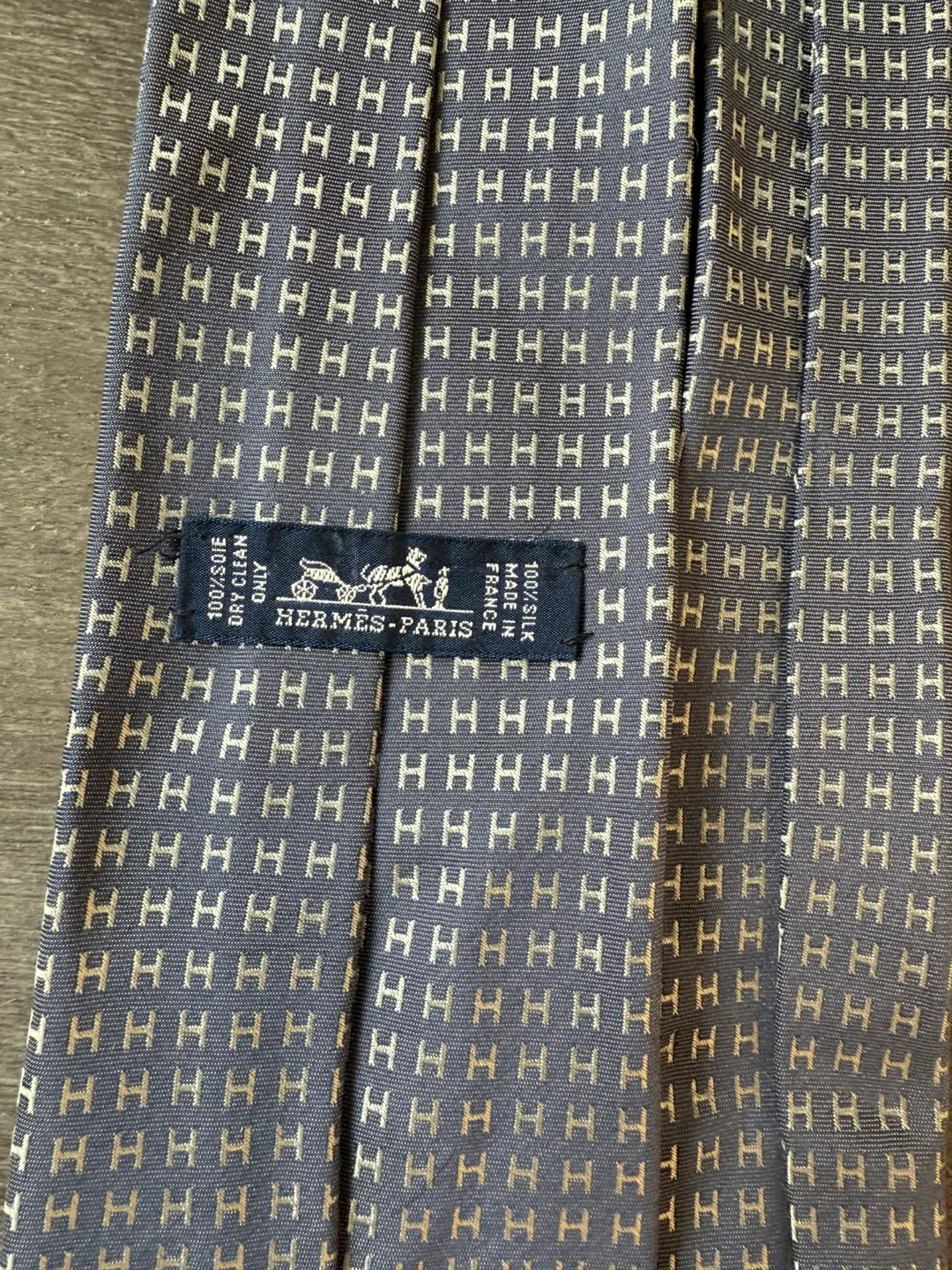 Hermes silk tie H pattern made in France blue grey image indicator(2)