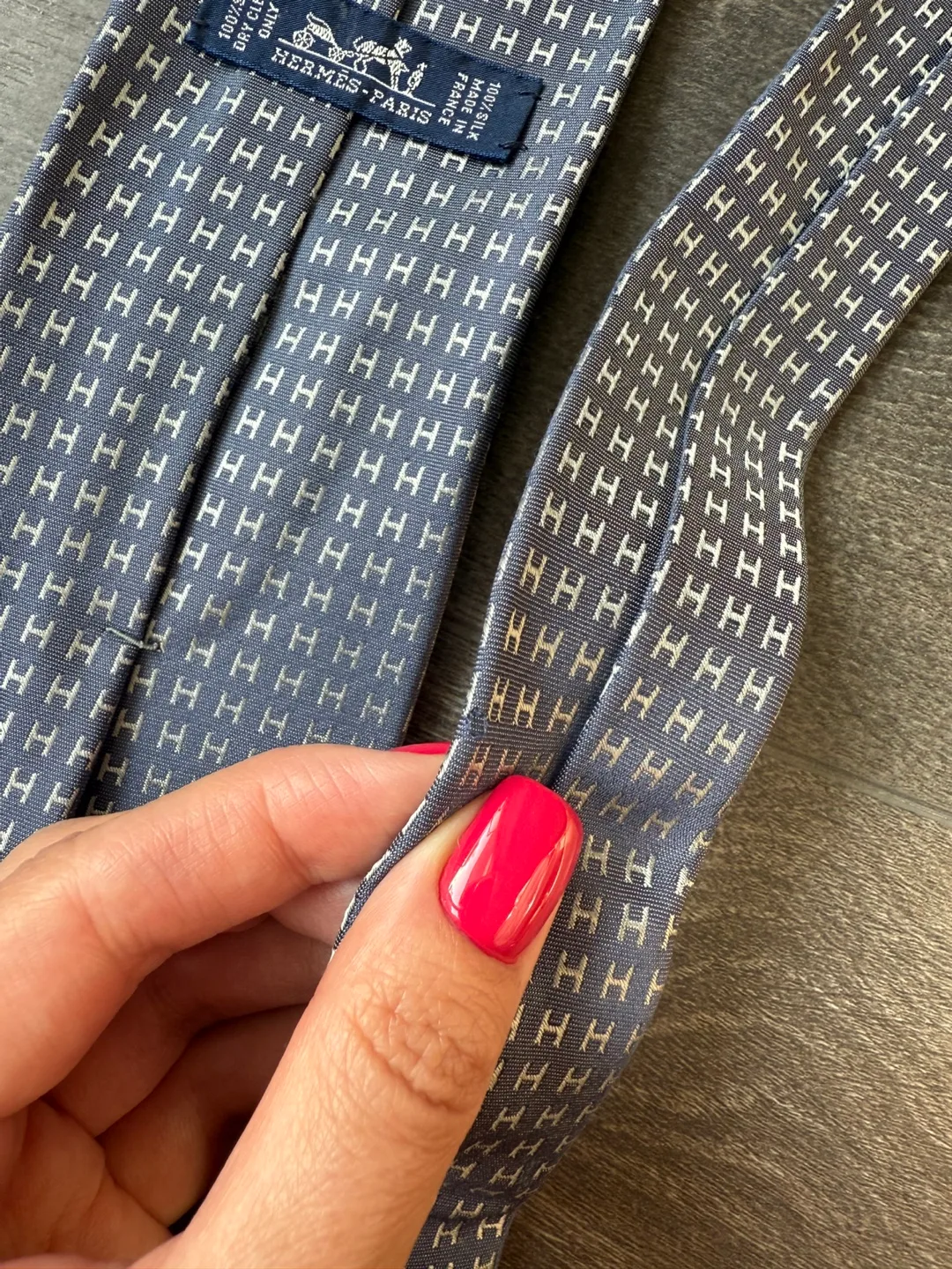 Hermes silk tie H pattern made in France blue grey image indicator(6)