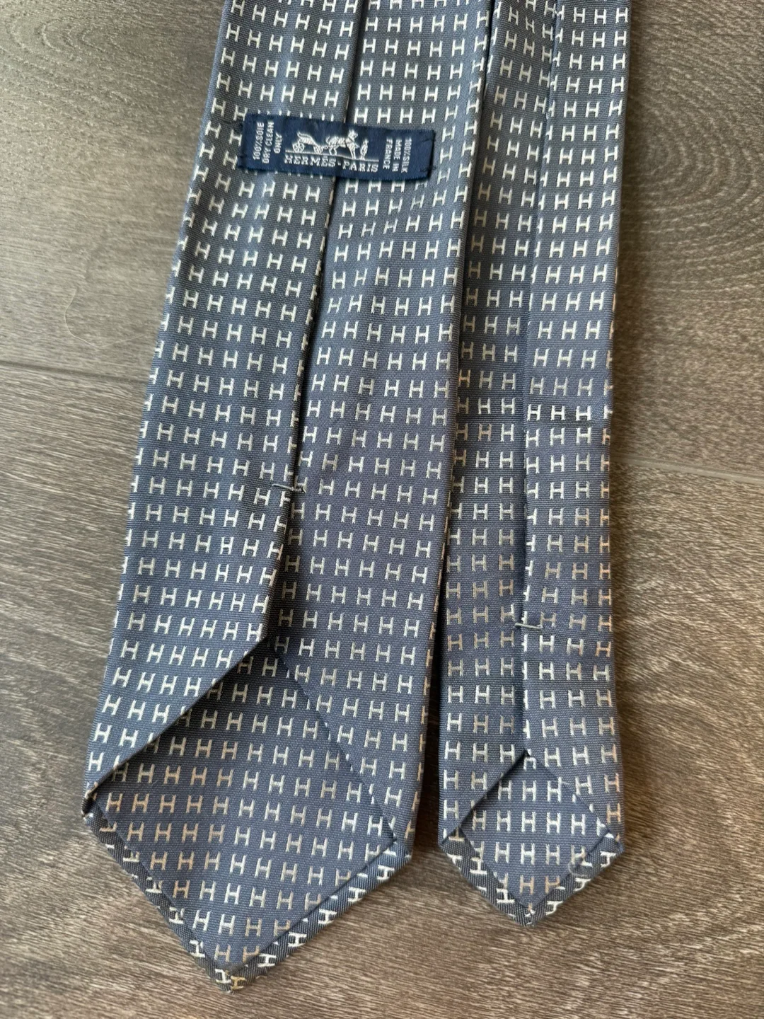Hermes silk tie H pattern made in France blue grey image indicator(4)