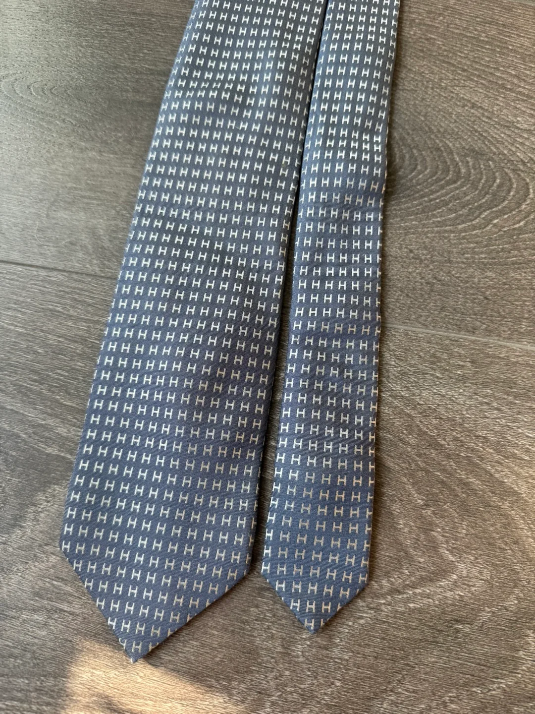 Hermes silk tie H pattern made in France blue grey image indicator(7)