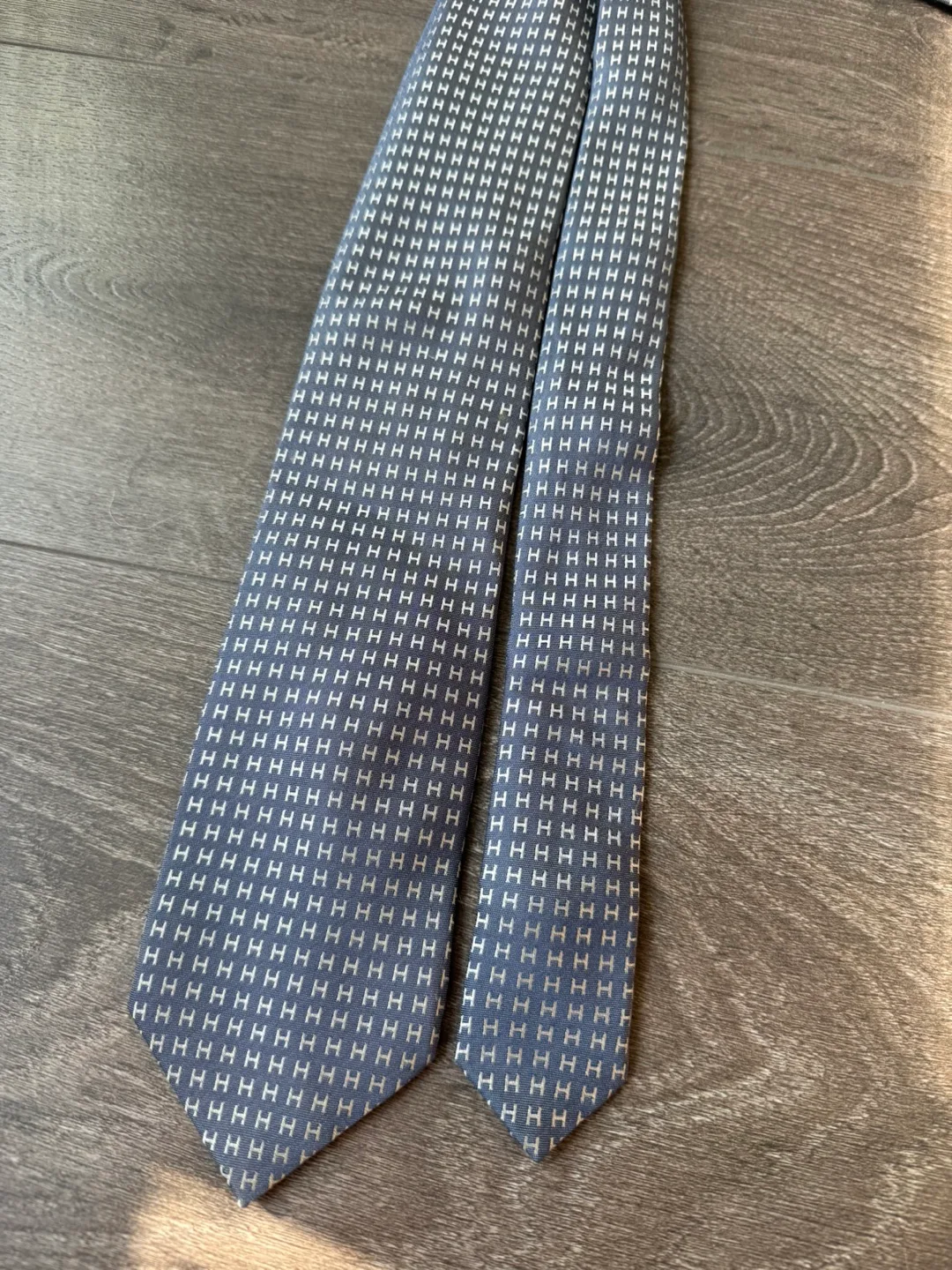 Hermes silk tie H pattern made in France blue grey image indicator(8)