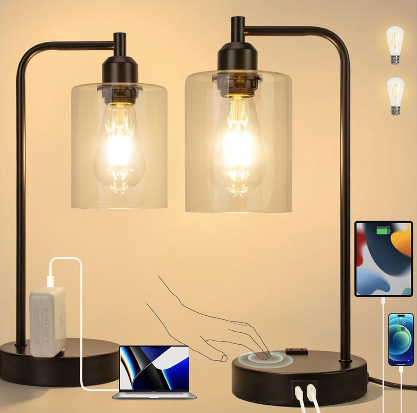 Black Bedside Table Lamp with USB Charging Port