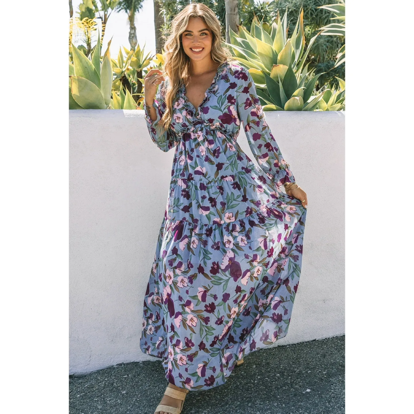 Brand new Floral Print V Neck Long Sleeve Maxi Dress -S thumbnail