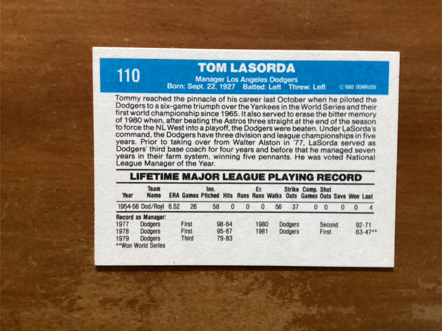 1982 DONRUSS TOM LASORDA Card #110 LLS ANGELES DODGERS - photo 2
