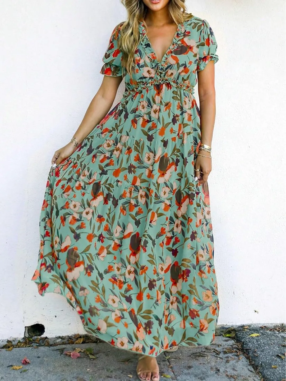 Brand new Floral Print V Neck short Sleeve Maxi  Dress -S thumbnail