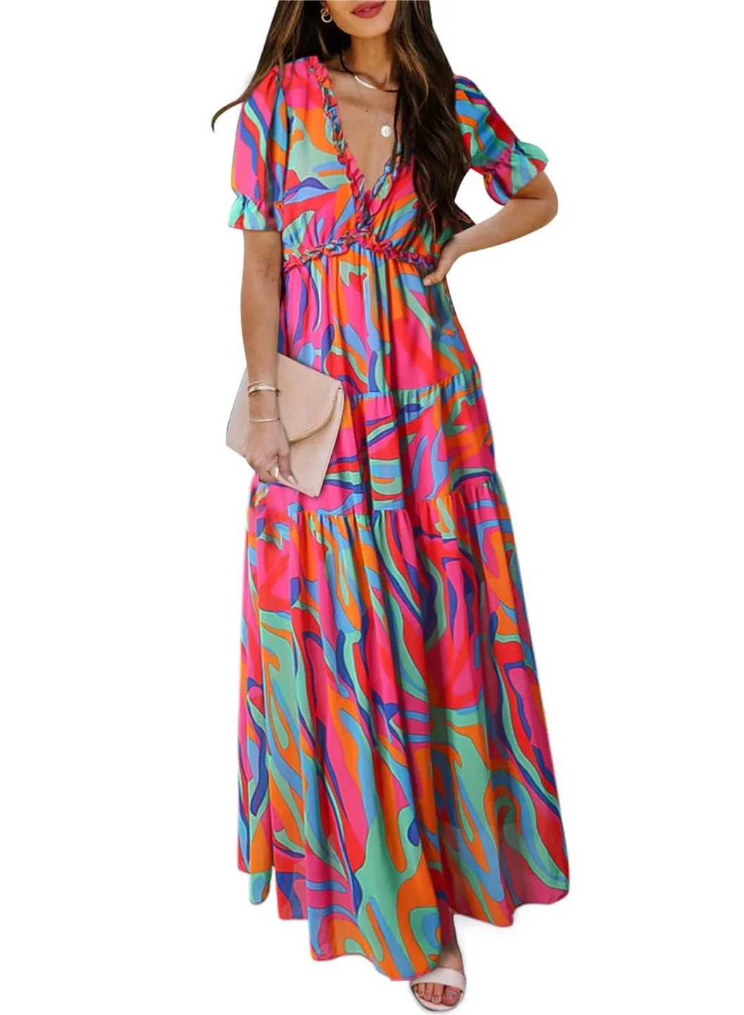 Brand new Ruffled Layer short Sleeve Floral V Neck Maxi Dress-XL thumbnail