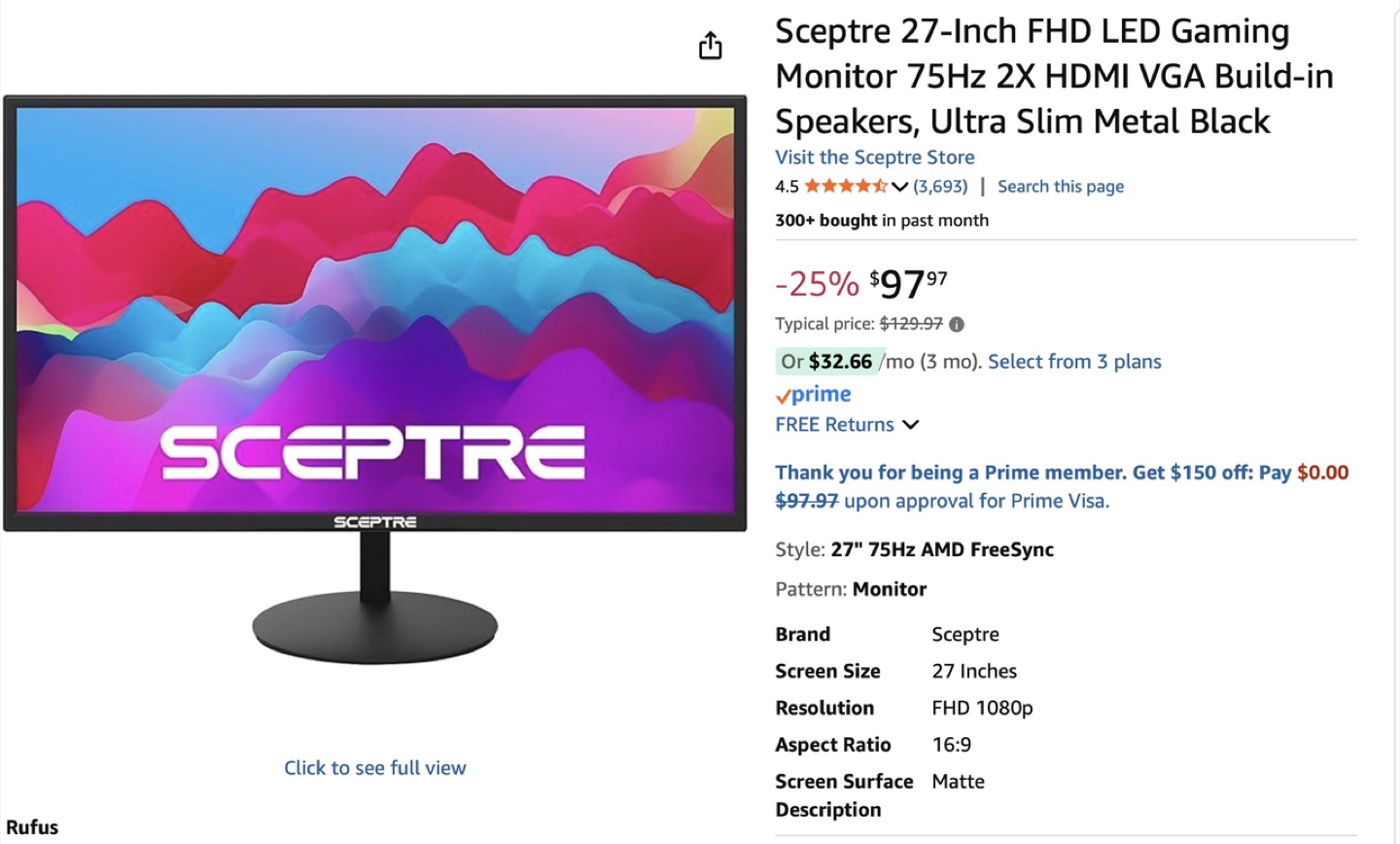 Sceptre 27" FHD LED Gaming Monitor