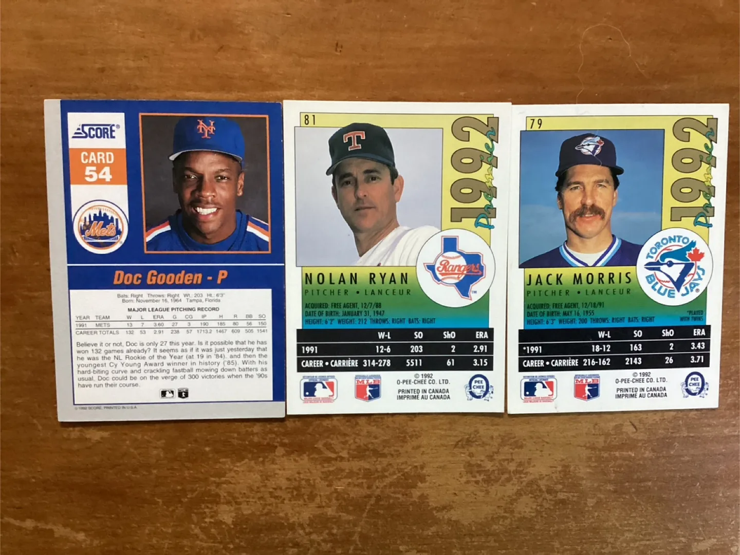 1992 SCORE DOC GOODEN, OPC NOLAN RYAN & JACK MORRIS Cards image indicator(5)
