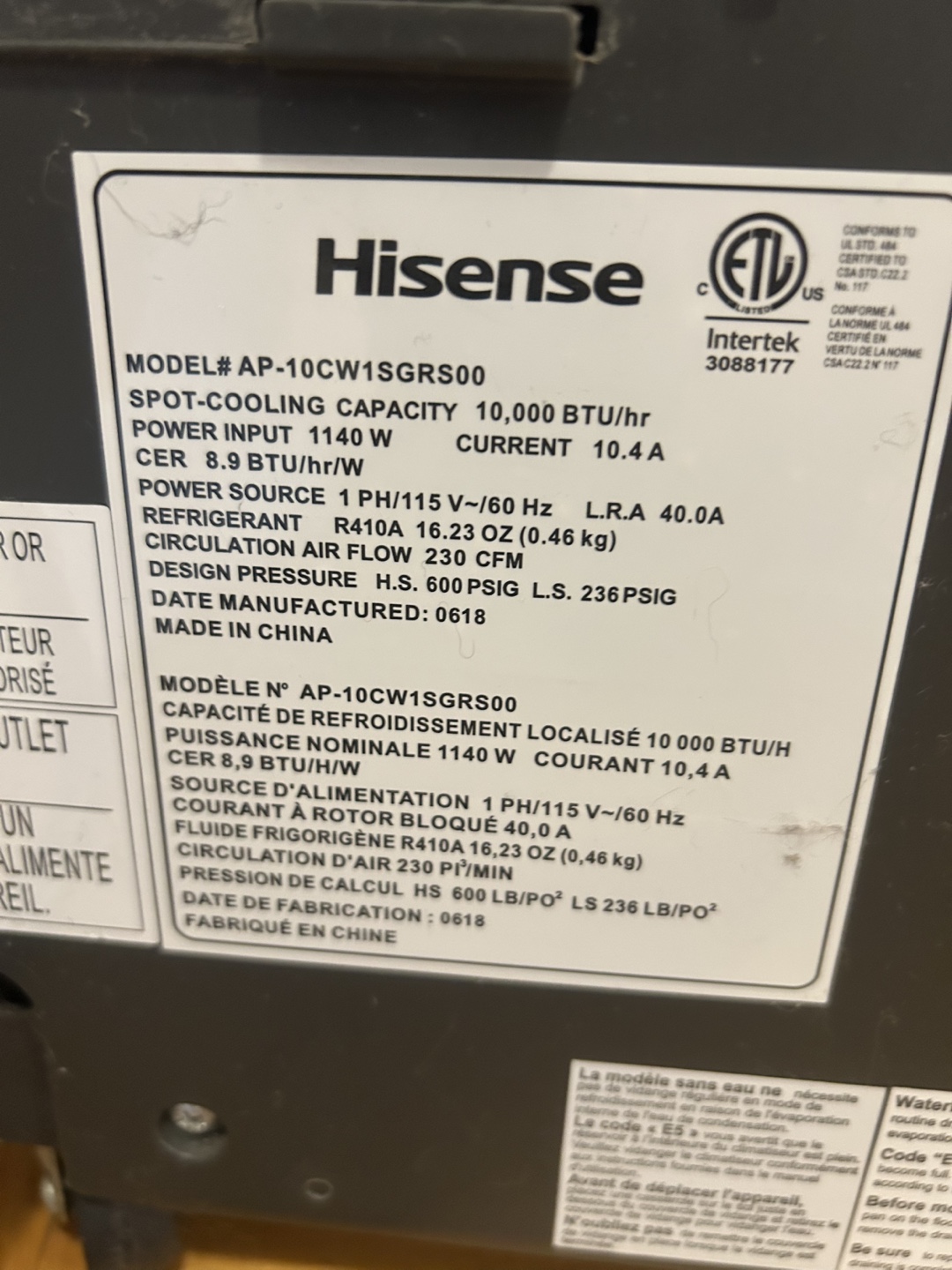 Hisense Portable Air Conditioner, AP-10CW1GRS00 - photo 3