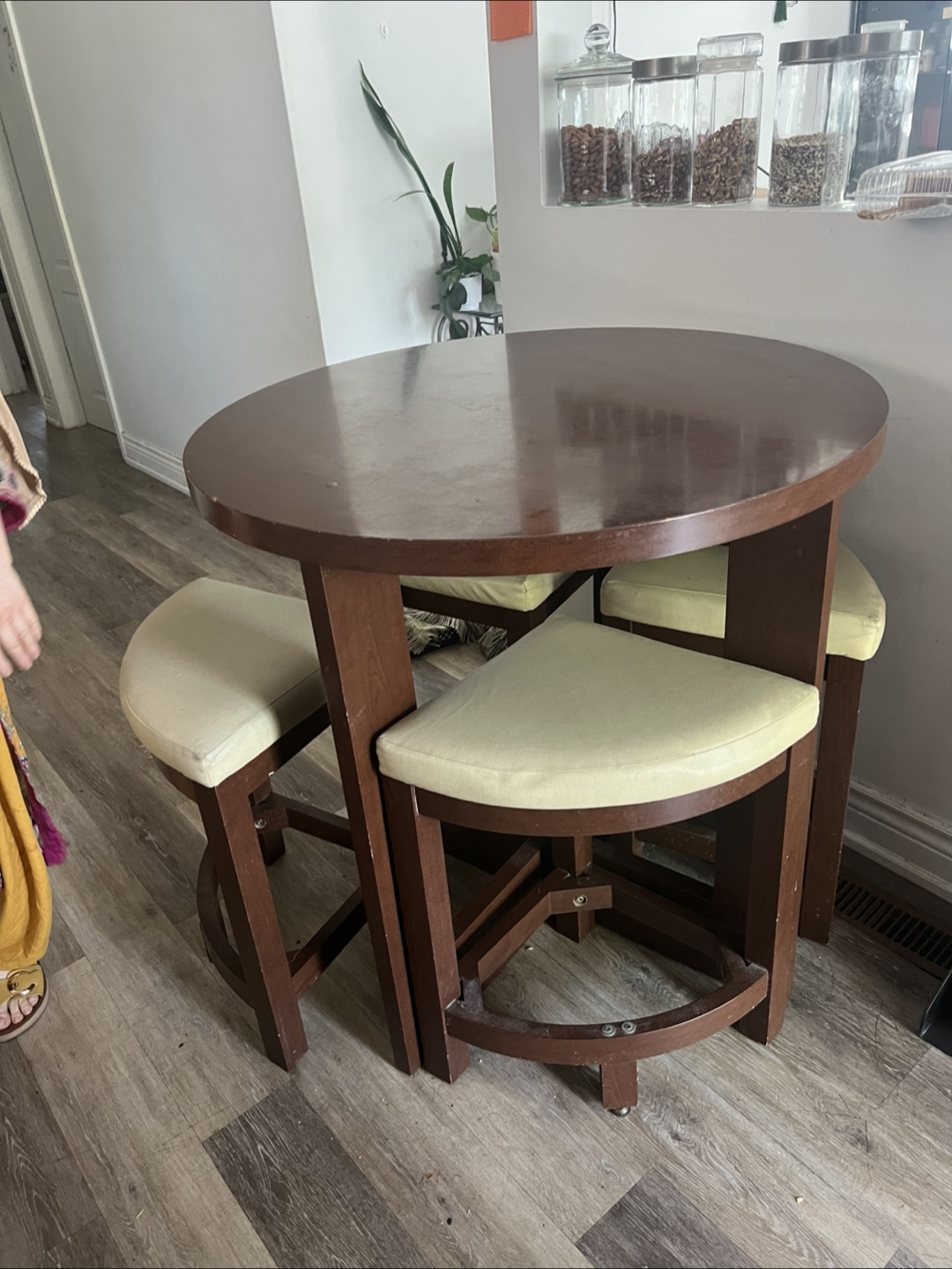 Round Wooden Dining Table with 4 Stools