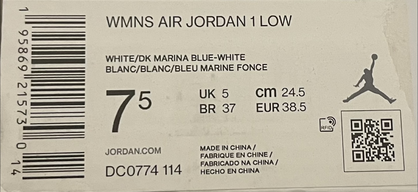 Air Jordan 1 Low White/Marina Blue, Size 7.5