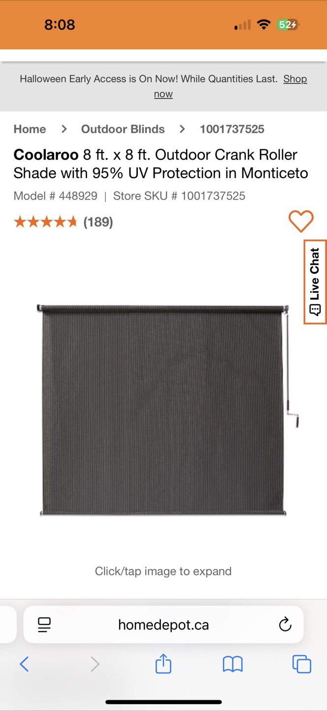 🧡 Coolaroo 8x8 Indoor/Outdoor Crank Roller Shade