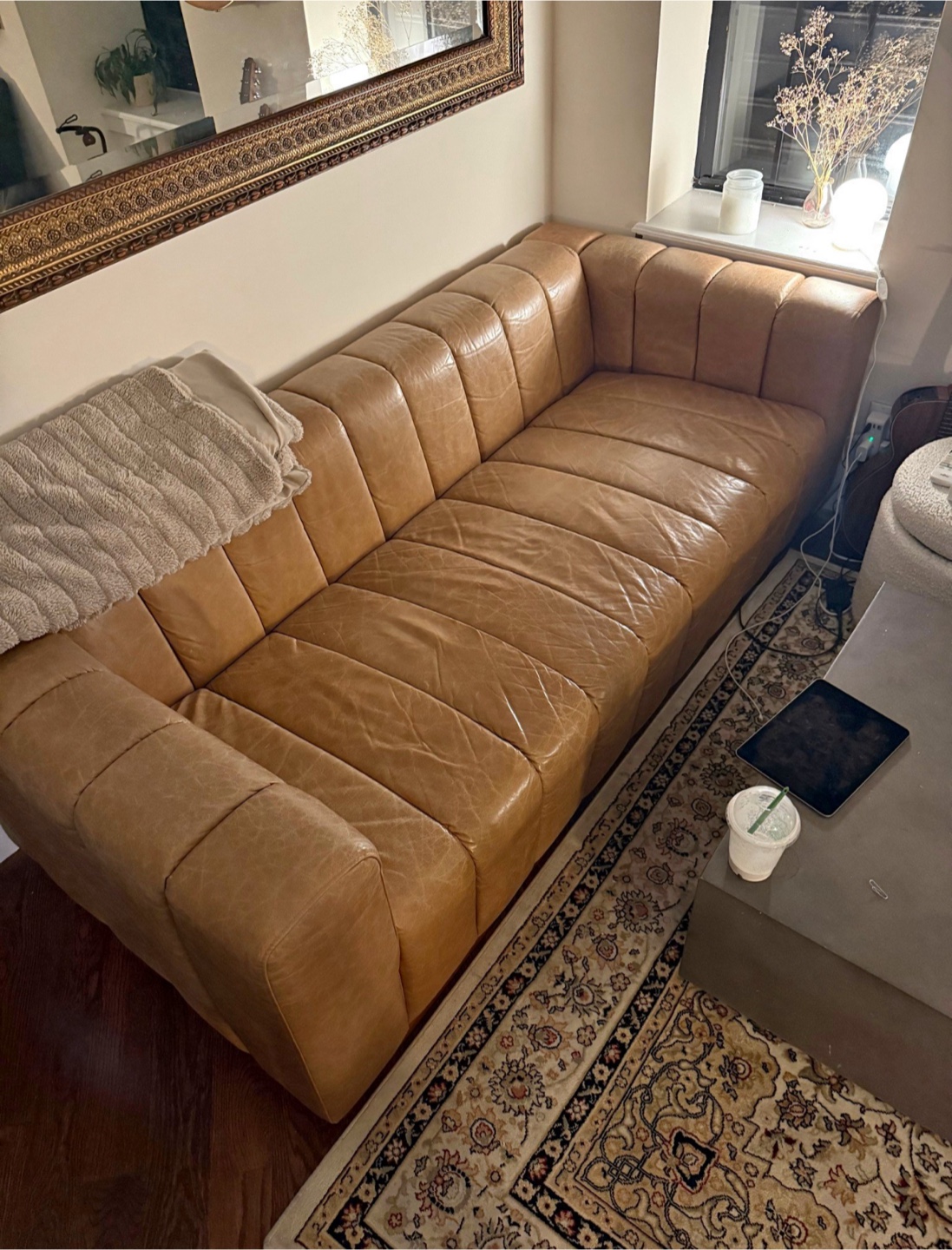 CB2 Forte 81” Saddle Leather Channeled Sofa – Walnut Base
