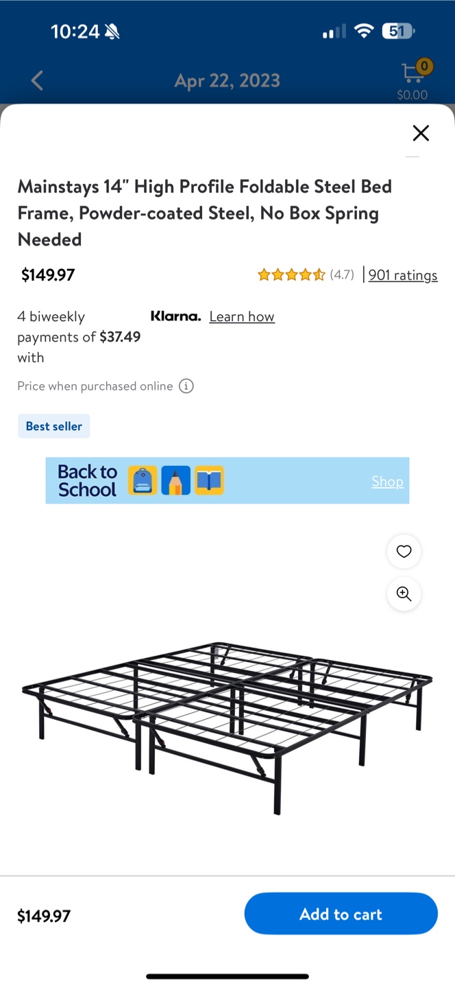 Mainstays King Size Foldable Steel Bed Frame