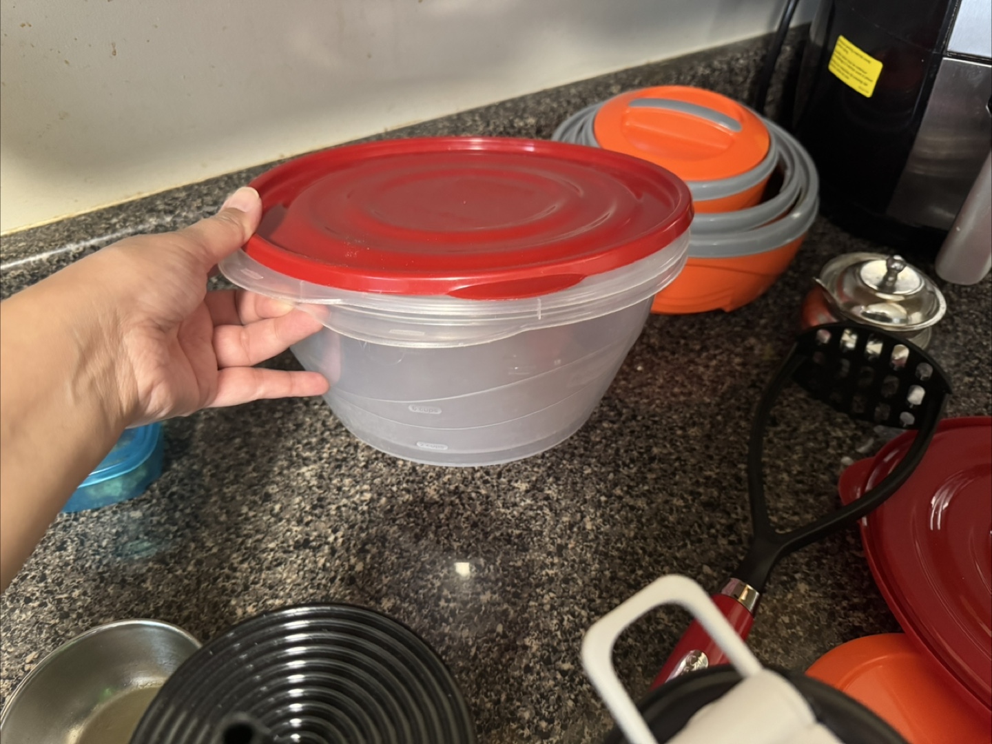 Mix kitchen utensils bowls, containers, pressure cooker, pan