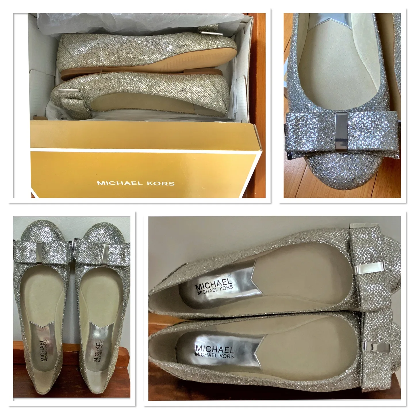 BRAND NEW /NEVER WORN MICHAEL KORS SILVER GLITTER BALLET FLATS thumbnail