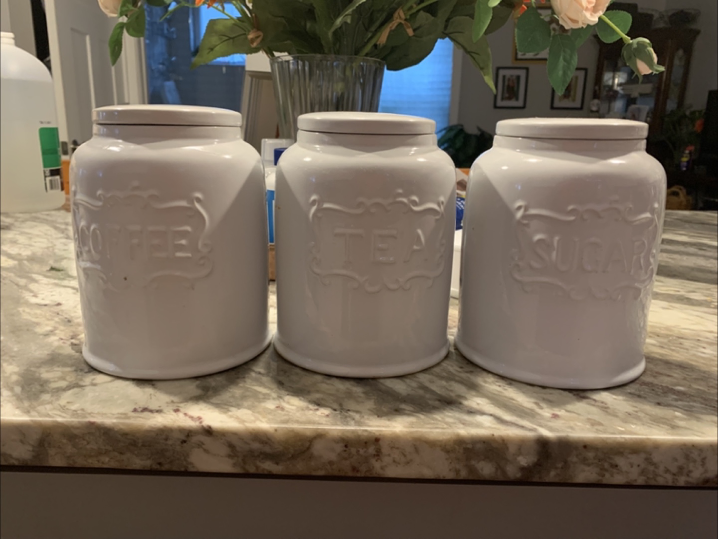 White Ceramic Kitchen Canisters - Coffee, Tea, Sugar
