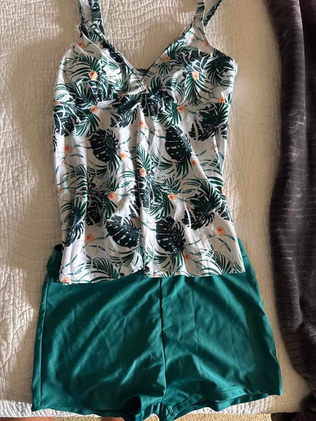 Swimsuit Tankini Set - Palm Leaf Print, Green Bottom thumbnail