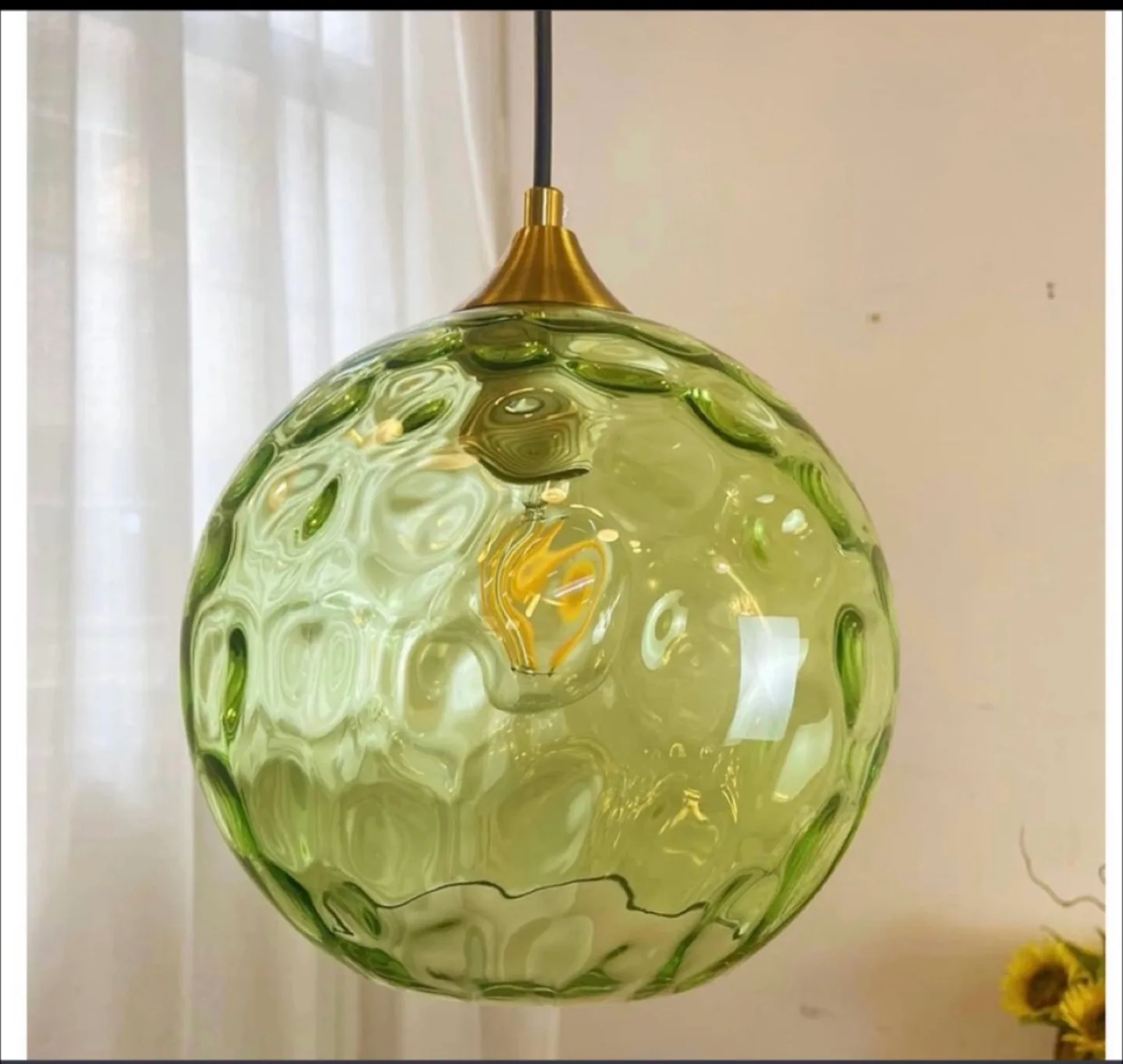 Set of 2- Green Ripple Glass Globe Pendant Light Fixture image indicator(2)
