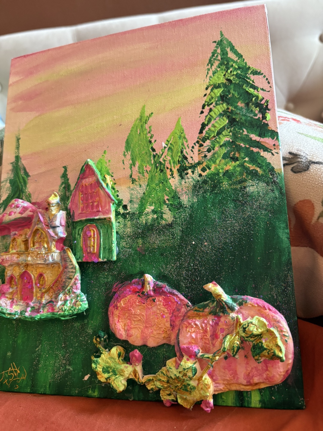 Handmade 3D Fairy House & Pumpkins Painting - photo 2