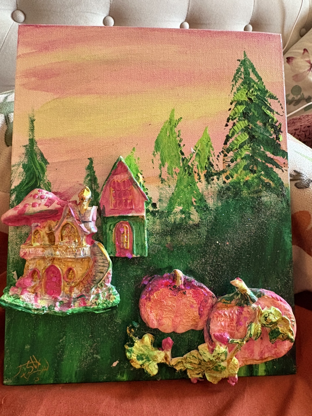 Handmade 3D Fairy House & Pumpkins Painting - photo 3