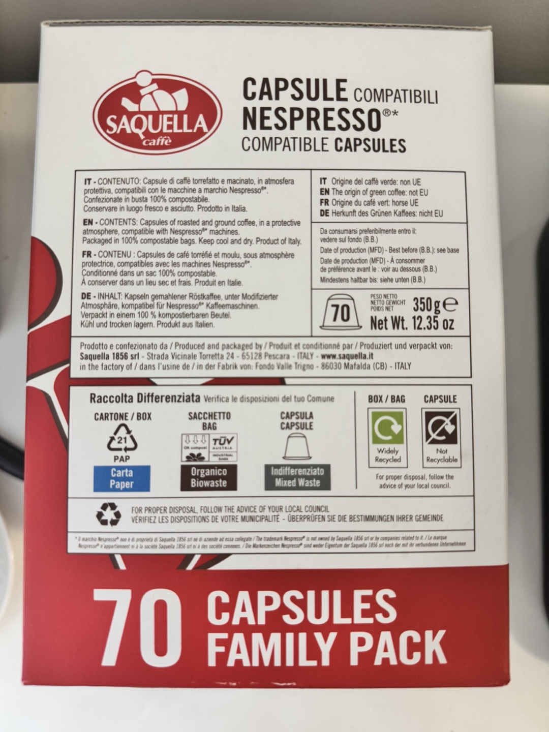 Saquella Espresso Crema Nespresso Capsules - 70 Pack
